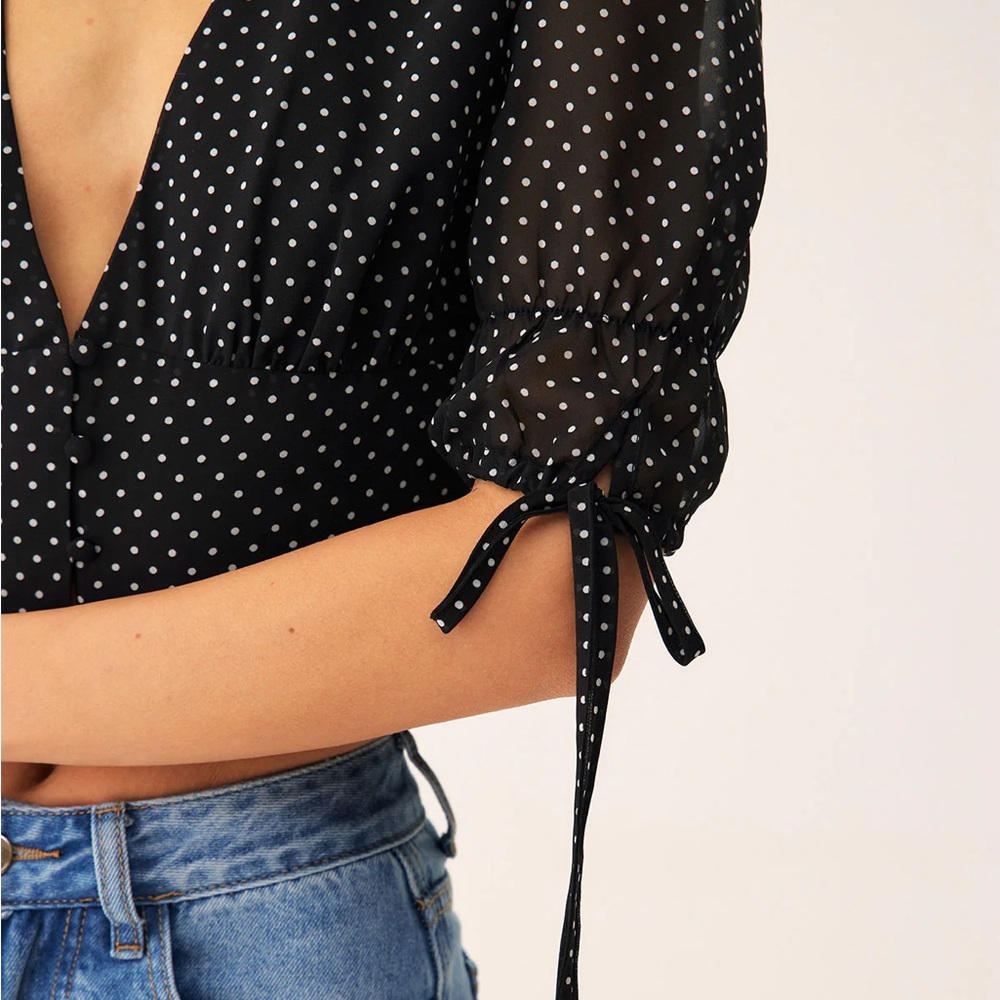 Black V-Neck Polka Dot Blouse - Picture 5 of 6